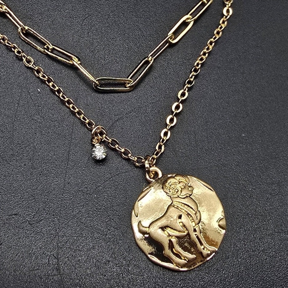 Aries Ram Zodiac Charm Layered Chain Necklace Gold Tone Paper Clip Astrology